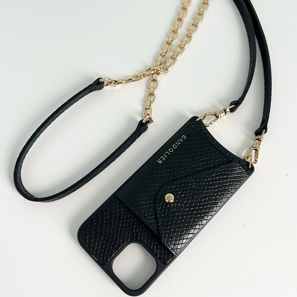 Bandolier Black Leather Crossbody IPhone Case and Pouch with Gold Chain - Picture 5 of 10